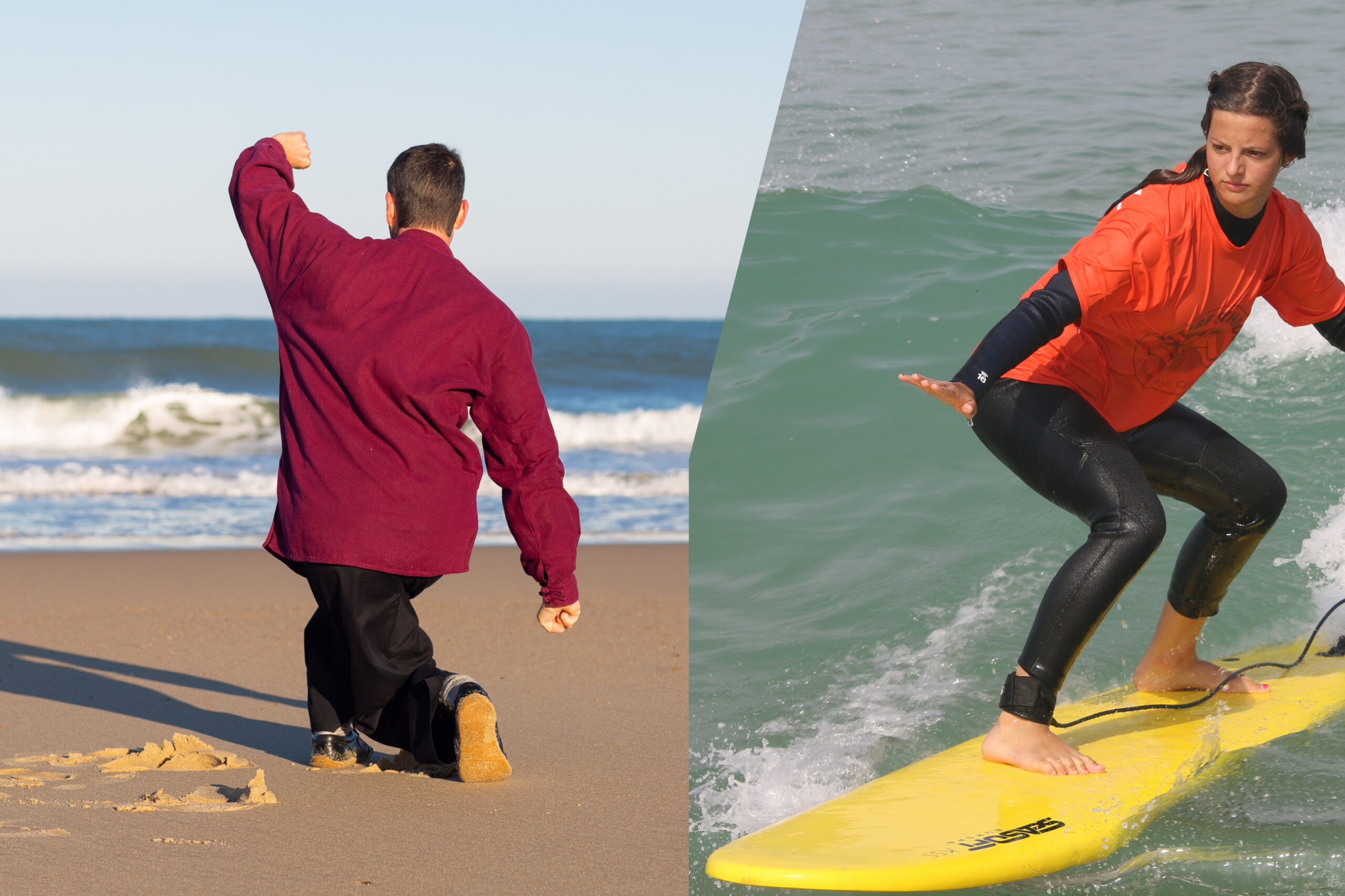 Homme faisant des arts martiaux sur la plage; femme faisant du surf sur une vague.